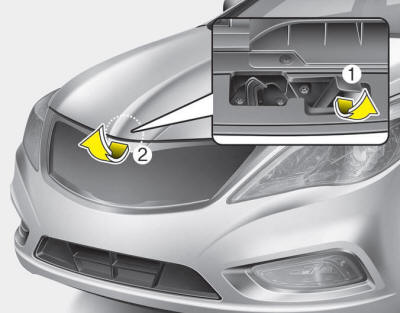 2. Go to the front of the vehicle, raise the hood slightly, pull up the secondary