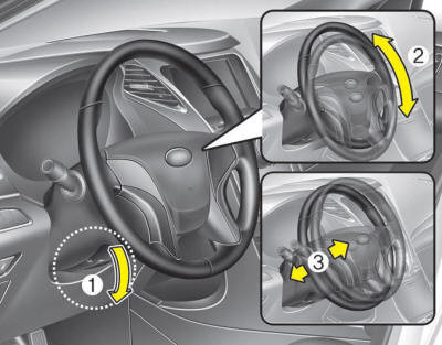 To change the steering wheel angle and height:
