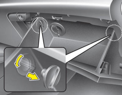 2. With the glove box open, remove the stoppers by turning them counterclockwise